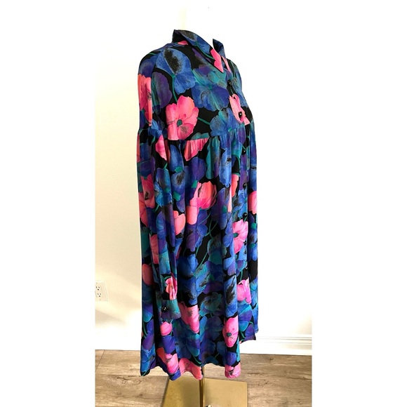 🇨🇦 Bold flowers (shades of pink, blue, purple) print-midi light overcoat vintage - Picture 9 of 15